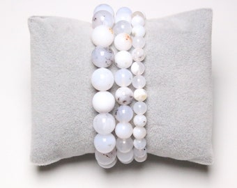 Bracelet Opale Blanc RARE en perles naturelle 4/6/8/10/12 mm 19 cm (Ajustable) pierre semi-précieuse lisse et ronde