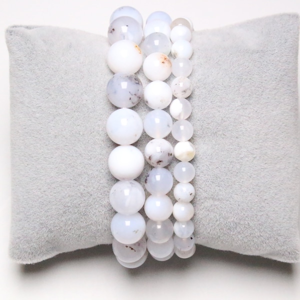 Bracelet Opale Blanc RARE en perles naturelle 4/6/8/10/12 mm 19 cm (Ajustable) pierre semi-précieuse lisse et ronde