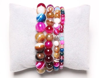 Bracelet Agate Multicolore 4/6/8/10 mm 19 cm pierre lisse et ronde bijoux pierre semi-précieuse lisse et ronde bijoux pierre naturelle