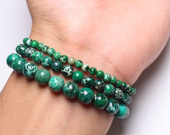 Bracelet Jaspe Impérial vert foncé en perles naturelle 4/6/8 mm 18-19 cm pierre semi-précieuse lisse et ronde bijoux pierre naturelle