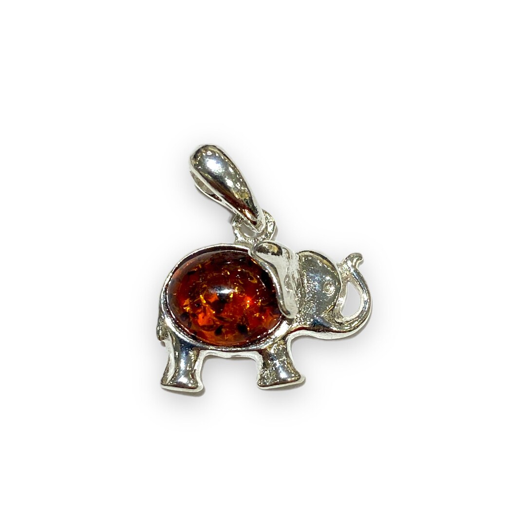Ciondolo Elefante In Argento Sterling Con Occhi D'Ambra E Catena 18'' - Design Grande