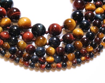 3 eye necklace in natural stone 4mm 6mm 8mm 10mm 12mm 14mm Tiger&#39;s eye Hawk&#39;s eye Bull&#39;s eye round smooth semi-precious