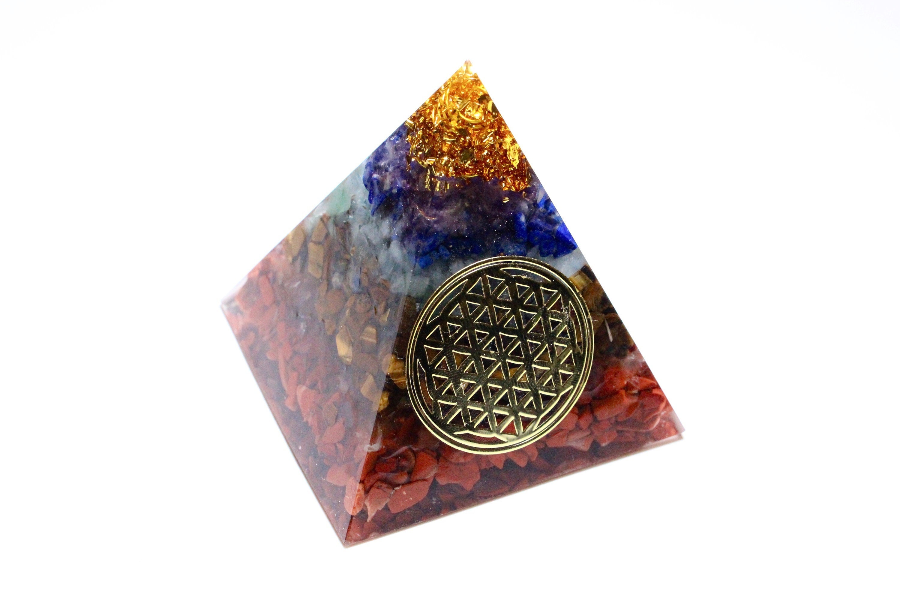 Pyramide Orgonite 7 Chakras Pierre Naturelle, Pyramide Résine Motif Fleur de Vie