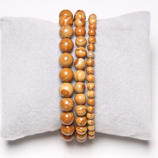 Bracelet Jaspe Bois en perles naturelle 4/6/8/10 mm 19 cm (Ajustable) pierre semi-précieuse lisse et ronde