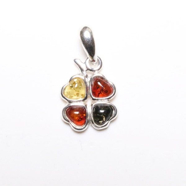 Pendentif Argent 925 et ambre baltique forme trèfle