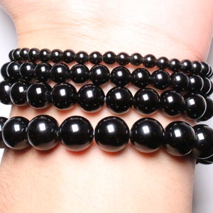 Black Obsidian Bracelet in natural pearls 4/6/8/10/12 mm 19 cm Adjustable smooth and round semi-precious stone image 2