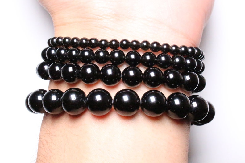 Black Obsidian Bracelet in natural pearls 4/6/8/10/12 mm 19 cm Adjustable smooth and round semi-precious stone image 2