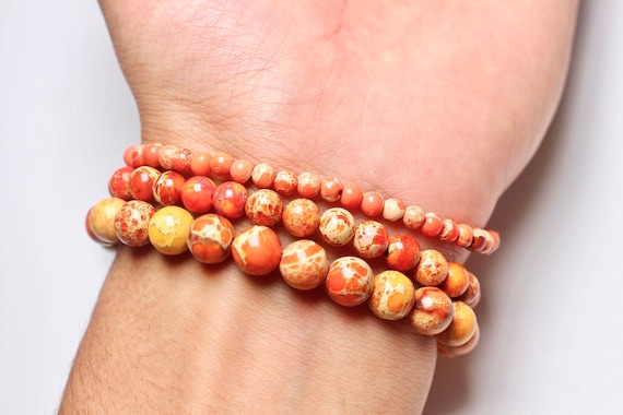Bracelet Perles Jaspe Impérial Orange - Sur Mesure - Fait Main - Neuf Sans Emballage