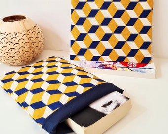 Pochette à livres et liseuse cubique jaune et bleu