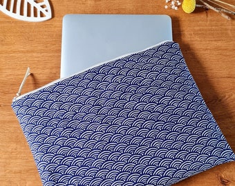 Housse d'ordinateur portable 10 à 15 pouces bleue en tissu japonais