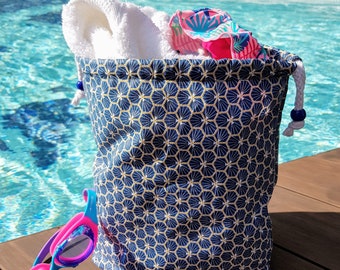 Borsa impermeabile in cotone spalmato blu e turchese per la piscina