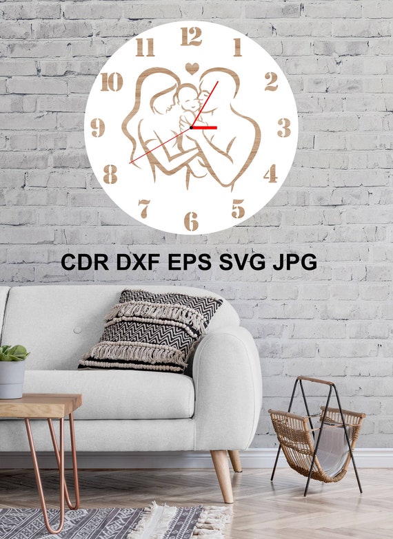 Family clock decoration baby SVG blueprint template, clipart, stencil, printable, silhouette cnc DIY Dxf Eps