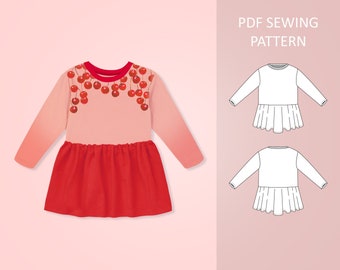 Long Sleeve T-Shirt Dress Sewing Pattern PDF For Babies, Toddlers and Kids, Age 0 - 6