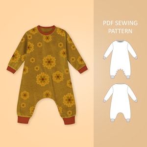 May include: A PDF sewing pattern for a jumpsuit with long sleeves and a round neckline. The pattern is shown on a brown jumpsuit with a floral print. The text "PDF SEWING PATTERN" is displayed on the right side of the image.