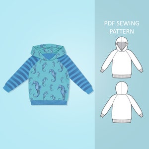 May include: A PDF sewing pattern for a blue and white striped hoodie with a seahorse print. The pattern includes instructions for making a hoodie with a hood and long sleeves. The pattern is available in multiple sizes.