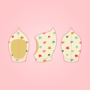 May include: Three views of a hooded baby hat with a white background and a colorful star pattern. The hat is shown from the front, side, and back.