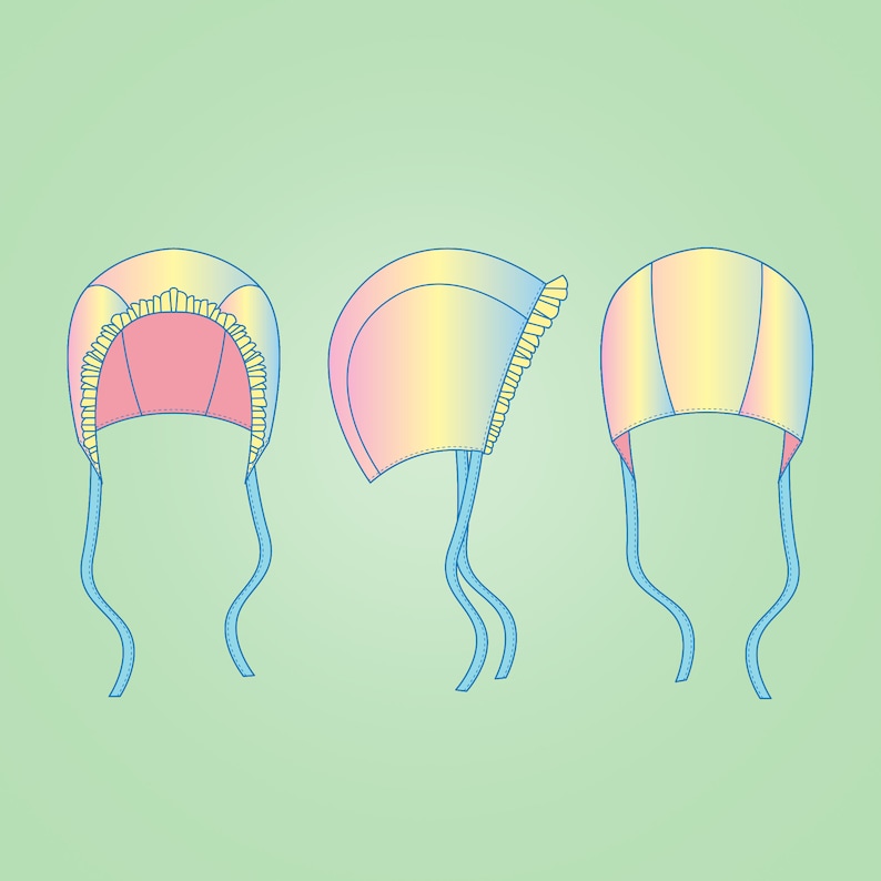 Peut inclure: Trois vues d'un bonnet de b&eacute;b&eacute; avec un motif ombr&eacute; arc-en-ciel et une bordure de dentelle jaune. Le bonnet a des liens bleus.