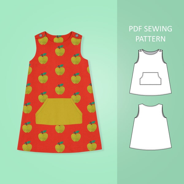 Easy Baby and Toddler Pinafore Dress With Front Pocket PDF Sewing Pattern, Size 0 Months - 6 Years Old