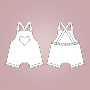 Kids Overalls With Heart Shaped Pocket PDF Sewing Pattern, Size 0 Months - 6 Years Old