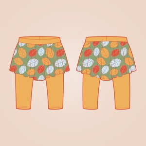 May include: A pair of yellow leggings with a green and orange leaf print skirt attached. The skirt is gathered at the waist and has a ruffled hem.