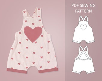 Baby Latzhose Schnittmuster: Herztasche, Grössen 0 Monate - 6 Jahre (PDF Pattern)
