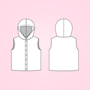 Op de afbeelding: Een wit vest zonder mouwen met een capuchon en een knoopsluiting. Het vest wordt van voren en achteren getoond.