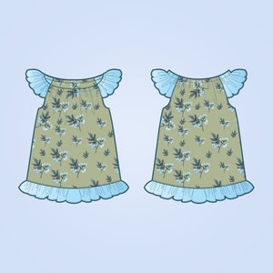 May include: A sleeveless dress with a floral print in shades of green and blue. The dress has a ruffled neckline and a ruffled hem.