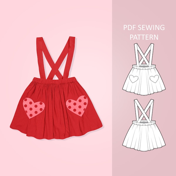 Easy Baby and Toddler Suspender Skirt With Heart Shaped Pockets PDF Sewing Pattern, Size 0 Months - 6 Years Old