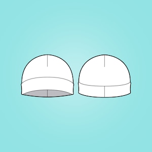 May include: Two white knit beanies, one facing forward and the other facing backward. The beanies have a simple design with a fold-over brim.