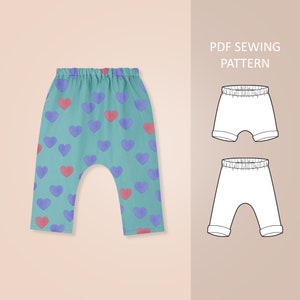 May include: PDF sewing pattern for a pair of teal blue pants with a heart print. The hearts are in shades of purple and pink.