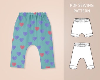 May include: PDF sewing pattern for a pair of teal blue pants with a heart print. The hearts are in shades of purple and pink.