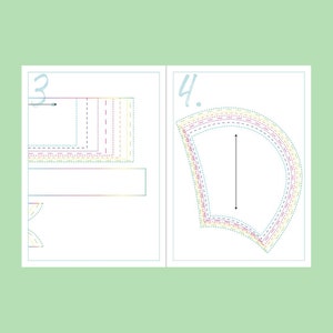 Peut inclure: Un patron de couture avec des instructions pour la confection d'un v&ecirc;tement. Le patron comprend deux &eacute;tapes, num&eacute;rot&eacute;es 3 et 4. L'&eacute;tape 3 montre une forme rectangulaire avec plusieurs couches de lignes de couture. L'&eacute;tape 4 montre une forme incurv&eacute;e avec plusieurs couches de lignes de couture.