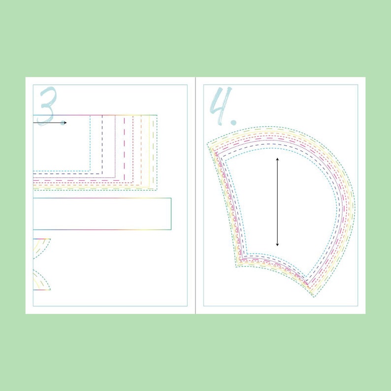 Peut inclure: Un patron de couture avec des instructions pour la confection d'un v&ecirc;tement. Le patron comprend deux &eacute;tapes, num&eacute;rot&eacute;es 3 et 4. L'&eacute;tape 3 montre une forme rectangulaire avec plusieurs couches de lignes de couture. L'&eacute;tape 4 montre une forme incurv&eacute;e avec plusieurs couches de lignes de couture.
