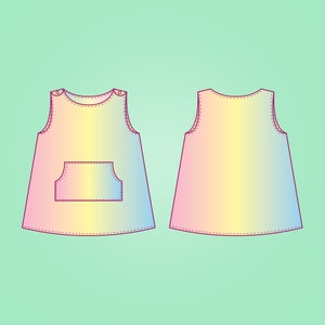 Puede incluir: Un vestido sin mangas con un diseño degradado arcoíris y un solo bolsillo en la parte delantera. El vestido se muestra tanto de frente como de atrás.