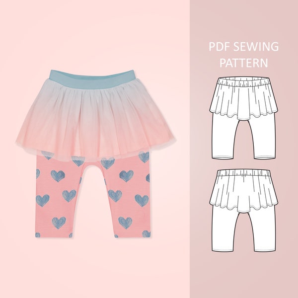 Easy Baby and Toddler Knit Fabric Pants With Skirt PDF Sewing Pattern, Size 0 Months - 6 Years Old