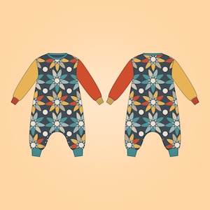 May include: A blue and yellow patterned baby onesie with long sleeves and a popper fastening. The onesie features a geometric floral design with white polka dots.
