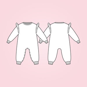 Op de afbeelding: Witte baby romper met geruite mouwen en drukknopen. De romper is van voren en van achteren te zien.