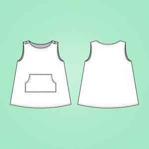 Puede incluir: Un vestido blanco sin mangas con un solo bolsillo en la parte delantera. El vestido tiene un escote redondo y una falda ligeramente acampanada.