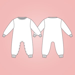 May include: A white baby onesie with long sleeves and ribbed cuffs, shown from the front and back views. The front view features a button closure down the center. The design is set against a soft pink background.