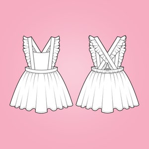 May include: Line drawing of a white dress with a ruffled bodice and skirt, shown from the front and back views. The dress has a high waist and a full, gathered skirt. The straps cross in the back.