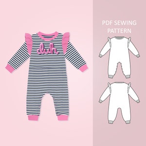 May include: A PDF sewing pattern for a baby onesie with long sleeves and ruffled shoulders. The onesie is striped in navy blue and white with a pink "duh" appliqué on the front. The pattern includes two views, one with the front and one with the back.