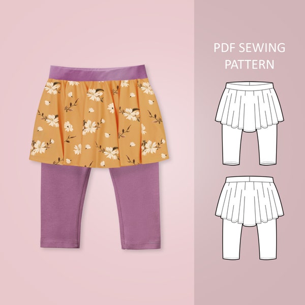 Skort Leggings Sewing Pattern PDF For Babies, Toddlers and Kids, Age 0 - 6