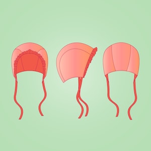 Peut inclure: Trois bonnets roses avec des bords festonn&eacute;s et de longues attaches. Les bonnets sont pr&eacute;sent&eacute;s sous diff&eacute;rents angles.