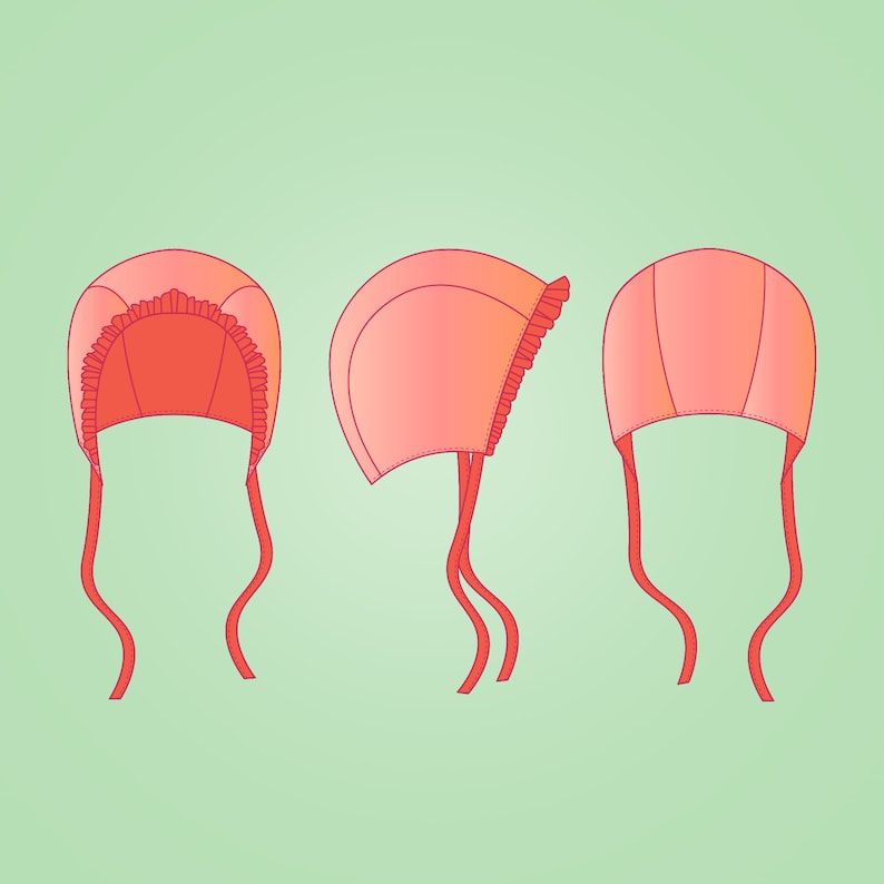 Peut inclure: Trois bonnets roses avec des bords festonn&eacute;s et de longues attaches. Les bonnets sont pr&eacute;sent&eacute;s sous diff&eacute;rents angles.