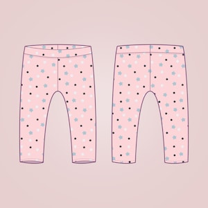 May include: Pink leggings featuring a pattern of blue, white, and black stars. The leggings are displayed from the front and back, with a purple waistband and leg openings. The background is a soft pink.