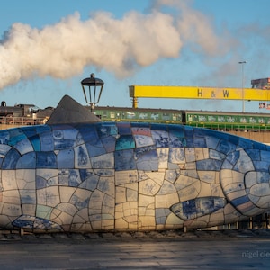 May include: A large blue and white mosaic sculpture of a salmon with a train and smoke in the background. The sculpture is made of tiles and is located in a city setting. The train is green and has the text "H & W" on the side.