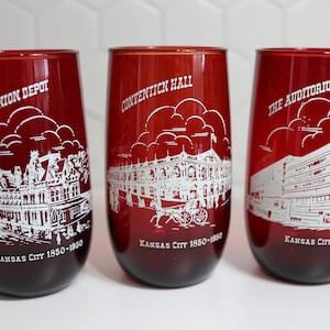 Vintage Ruby Red Glasses Kansas City 1850-1950 Centennial Historic Locations. Cranberry Ruby Red Glass. Vintage Water Goblet. Souvenir Glass