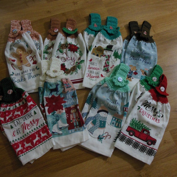 Hanging Kitchen Dish Towel - Crochet Top - Christmas Design - Snowman - Gingerbread Man - Red Truck - Poinsettia - Reindeers - Dogs