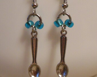 Silver Spoon with Blue Bead Drop / Dangle Hook Silver Earrings