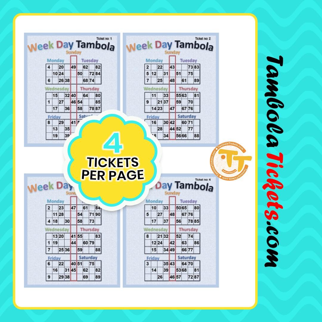 Week Day Theme Tambola Tickets – 48 Unique Printable Housie Tickets ...